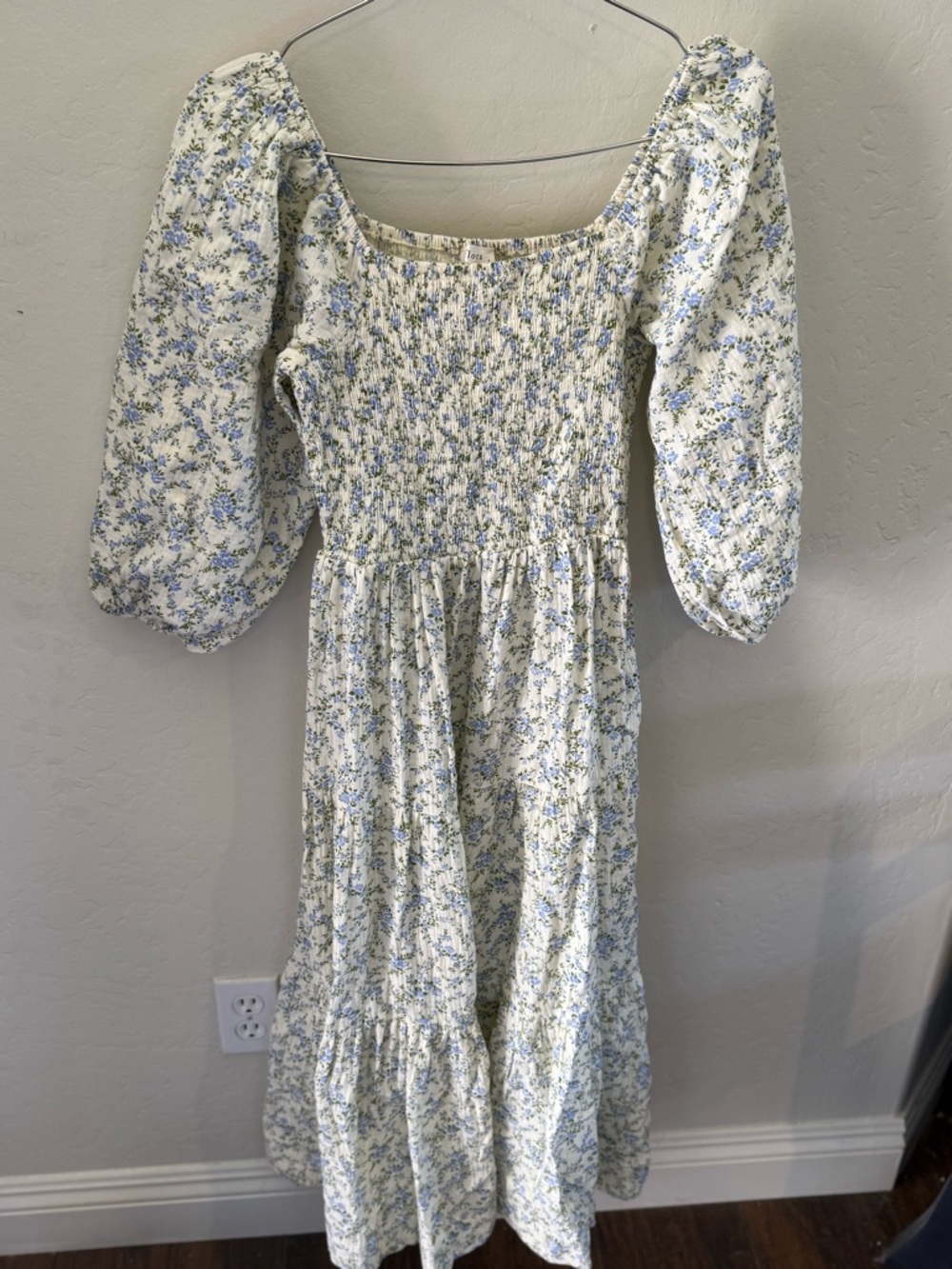 Smocked Square-Neck Midi Dress in Soft White & Blue Floral